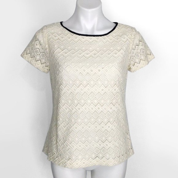 Talbots Cotton Lyocell Lace Leather Trim Top 10P - Picture 1 of 7